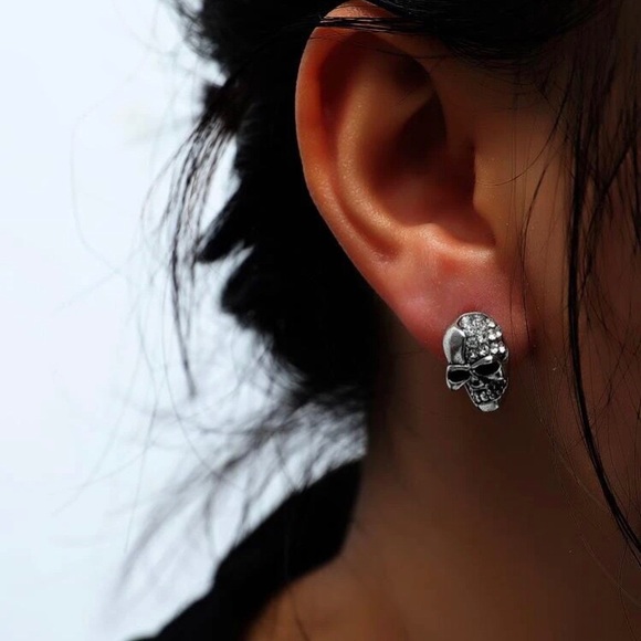 Silver & Rhinestone Skull Post Earrings - Picture 2 of 4